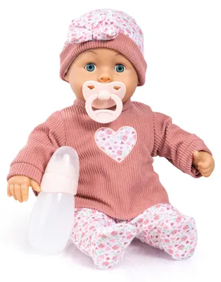 Produktbild von Bayer Design 93824DB Babypuppe interaktiv, Spielpuppe sprechend, 24 Babylaute, Schlafaugen, weicher Körper, 38 cm, Schnuller und Flasche