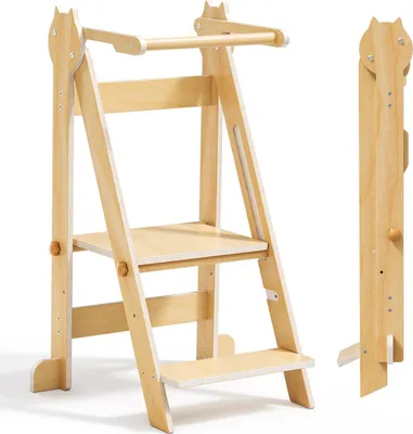 Immagine prodotto di Torre educativa Montessori per bambini - Seggiolone e poggiapiedi - Legno - Gradino antiscivolo - Sicuro e stabile - Adatto per bambini dai 3 ai 6 anni - Giallo
