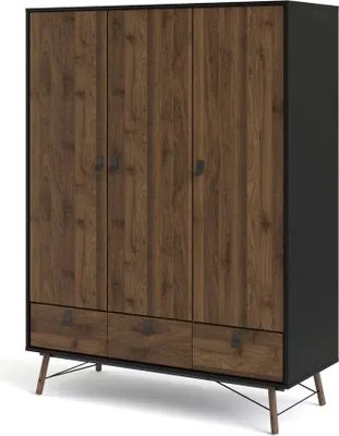 Produktbild von Rye Kleiderschrank 3 Türen, 3 Schubladen mattschwarz, Walnuss Nachbildung.