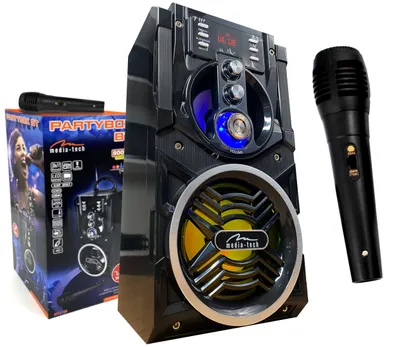 A portable Bluetooth speaker with a microphone and its packaging, displayed against a white background.