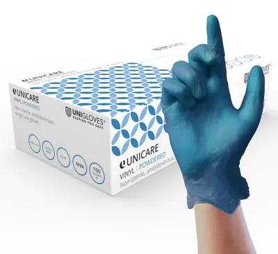 Produktbild von UNIGLOVES CB254S Einmalhandschuhe blau Vinyl gepudert klein 100 Stück – Blaues Vinyl – gepudert