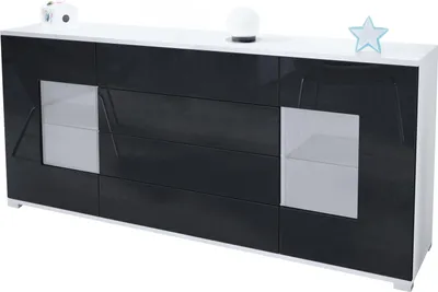 Produktbild von Vladon Sideboard Grömitz V2, Kommode mit 2 großen Türen und 4 Schubladen, Weiß matt/Schwarz Hochglanz (166,5 x 75,5 x 35)
