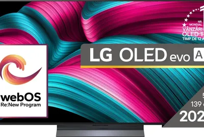 A close-up of an LG OLED TV screen displaying a colorful abstract pattern, with marketing text and logos overlaid.
