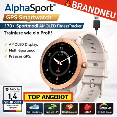 Obrázok produktu pre AlphaSport™ Smartwatch GPS 170+ športových režimov AMOLED FitnessTracker Srdcová frekvencia SpO2: Ružová piesok