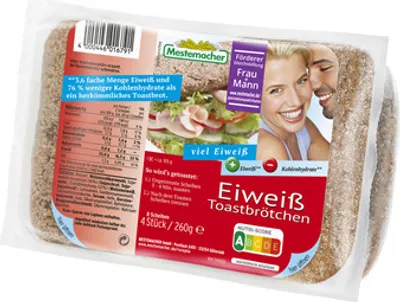 A package of Mestemacher Eiweiß Toastbrötchen (protein toast rolls).
