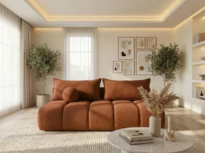 Produktbild von Schlafsofa mit Bettkasten – 3-Sitzer Sofa Couch mit Schlaffunktion, Bettfunktion – Skandinavische Polstercouch im modernen Design – Weicher Bouclé, Bouclestoff – Terracotta Braun