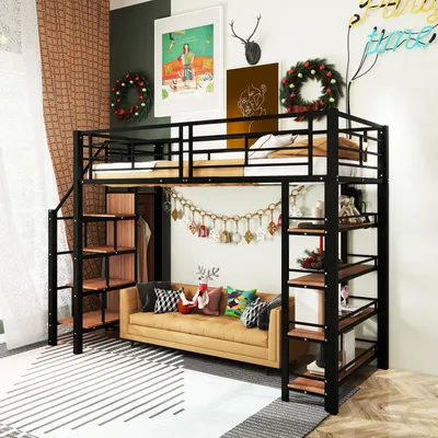 Produktbild von Hochbett, 90x200 cm, Metallbett mit Lattenrost, Regal, Treppe und Rausfallschutz, Kinderbett, Jugendbett