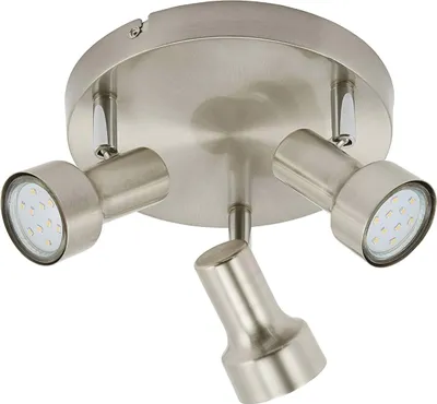 A close-up view of a brushed nickel ceiling light fixture with three adjustable spotlights.