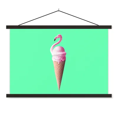 Produktbild von MuchoWow® Textilposter Eistüten - Eiscreme - Flamingo - Rosa - Grün 90x60 cm mit schwarzem Rahmen - Aufhängungssatz