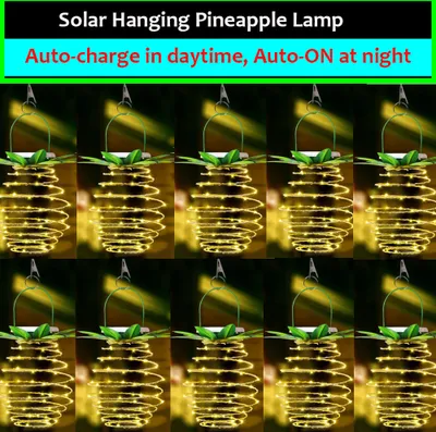 A collage of solar-powered pineapple-shaped lamps hanging in a garden setting.