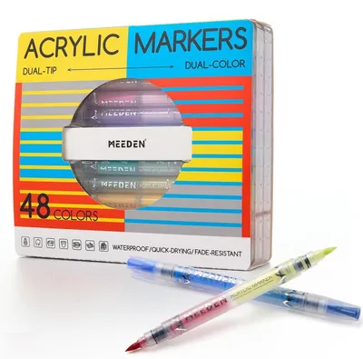 Produktbild von Acrylstifte Doppelspitze 48 Farben / 24 Stifte Pinselspitze Schnelltrocknend Wasserfest Aufbewahrungsetui