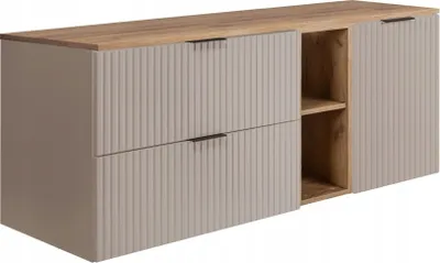 A modern beige and wood cabinet with fluted doors and open shelving.
