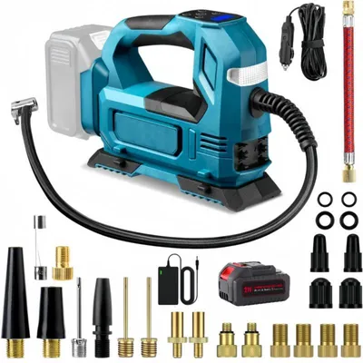 Produktbild von Elektrische Luftpumpe, mit 21V Akku und Ladegerät, 150 PSI, Wiederaufladbare, Tragbarer Akku-Kompressor mit LED-Leuchte und Digitalem Manometer,Blau