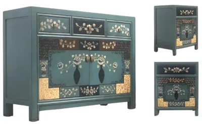Produktbild von Chinesische Möbel Kombination Schlafzimmer Vintage blau Sideboard Schrank Kommode & 2 Nachttische Nachtschränke orientalisch asiatisch fernöstlich