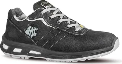 A studio shot of a black safety shoe.