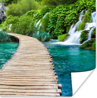 Produktbild von MuchoWow® Poster Brücke - Wasser - Pflanzen - Wasserfall - Grün 50x50 cm - Wohnzimmerdekoration
