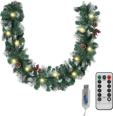 Image de Guirlande de Noël Eikuavons, 2,7 mètres, avec 30 LED, décorée de baies, de cônes de pin et de branches blanches, fonctionne sur piles