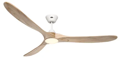 Imagen del producto de Ventilador de techo de bajo consumo con iluminación LED y control remoto. Modelo Eco Genuino-L, color blanco mate / madera natural, 180 cm