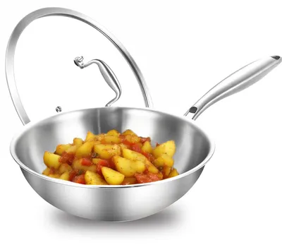 Wokpfanne 24 cm Edelstahl 3-lagig mit Deckel, induktionsgeeignet, backofenfest