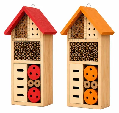 Imagen del producto de Benza – Set de hotel para insectos (de 2 piezas) – Rojo y naranja – 13 x 8,5 x 26 cm – Hotel para abejas y mariposas hecho de madera – Ideal para jardín, balcón y terraza