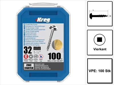 Produktbild von KREG Pocket-Hole Linsenkopfschraube 32 mm 100 Stk ( SML-C125-100 ) Vierkant Antrieb Teilgewinde Grobgewinde selbstschneidend verzinkt