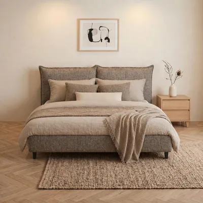 Produktbild von ELVORA DESIGNE Polsterbett 180x200, Modernes Skandi-Bett mit Stauraum & Gasdruckdämpfer, Wasserabweisend, Grau