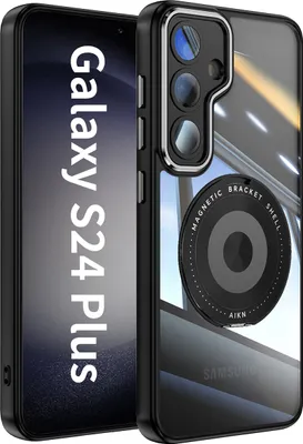 Produktbild von Handyhülle für Samsung Galaxy S24+ Transparent Militärschutz mit Magnetring Ständer und Kameraabdeckung Schwarz