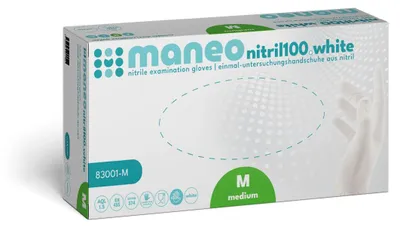 Produktbild von MANEO Nitril-Handschuhe weiß M, hygienisch und strapazierfähig | Box (100 Stück)