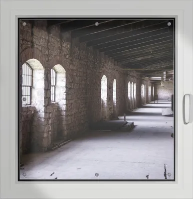 Produktbild von Wallario Lichtschutzbild, Dekorativer Sichtschutz Sonnenschutz 96 x 93 cm mit Motiv: Altes Bauwerk - stillgelegte Fabrik - Verdunklung ohne Bohren