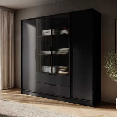 Produktbild von 200 cm breite Schrank Jolie V schwarze Garderobenschrank mit Glastüren Kleiderschrank mit 4 Scharniertüren Drehtürenschrank mit 2 Schubladen, Farbe: Schwarz