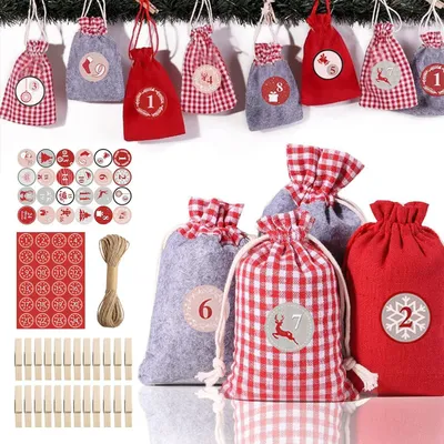 Produktbild von TRANKIELO® – Set zur Herstellung eines eigenen Adventskalenders – Jutebeutel mit Kordelzug – 24 kleine Beutel und Holzclips