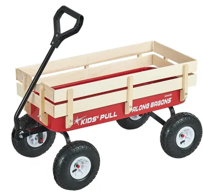 Zdjęcie produktu dla Wózek ręczny dla dzieci VEVOR, 102 cm, wózek transportowy z drążkiem do pchania, wykonany z drewna i metalu, maksymalna nośność 150 kg, idealny dla dzieci od 5 roku życia, do ogrodu, na wycieczki i na plażę, kolor czerwony i czarny.