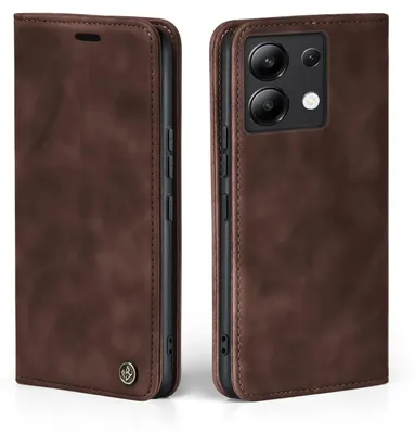 A brown leather flip case for a smartphone is shown from two angles against a white background.
