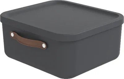 A dark gray storage box with a brown handle is shown against a white background.