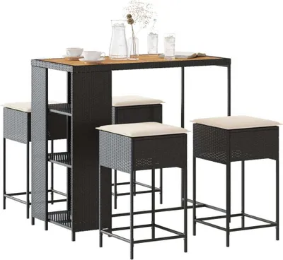 Produktbild von Moderne Gartenmöbelgarnituren 5-tlg. Gartenbar-Set mit Kissen Schwarz Poly Rattan Gartenmöbelset CC62457619