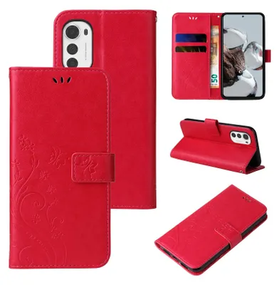 A collage of images showing a red flip phone case with floral and butterfly designs.