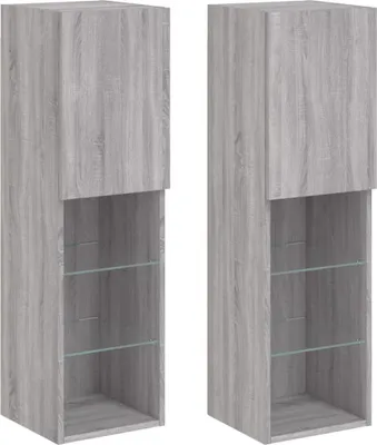 Two identical gray cabinets with glass shelves are shown side-by-side against a white background.