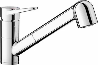 A chrome kitchen faucet with a pull-out spray head is shown against a white background.