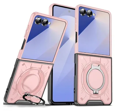 Two pink flip phone cases with a ring holder are displayed diagonally against a white background. One case is open, showing the phone screen, while the other is closed.