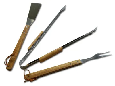 Produktbild von LANDMANN Grillbesteck 3 Teilig Edelstahl mit Holzgriffen, Rostfreies Grillzubehör Set, Gabel Wender Zange, Hochwertige Grillwerkzeuge, Langlebiges Grillbesteck