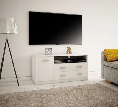 Produktbild von MATKAM  Fernsehkommode 1D2S, H 55 x B 110 x T 41 cm, laminierte Möbelplatte 16 mm, ein offenes Regalfach rechts, satinierte Griffe (Weiß)