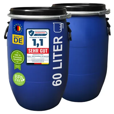 Produktbild von plasteo® 2 x 60 Liter Deckelfass Weithalsfass mit Spannverschluss Futtertonne Universalfass Lagerfass Campingfass Transportfass Maischefass Regenfass