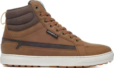 A studio shot of a single brown high-top sneaker.