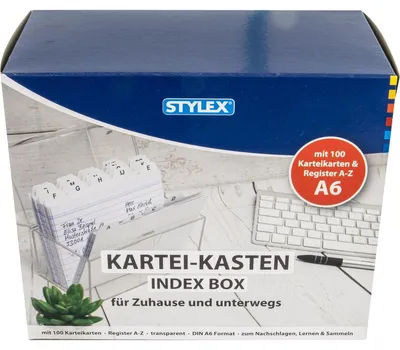 Produktbild von STYLEX Karteikasten transparent DIN A6 inklusive 100 Karteikarten weiß liniert