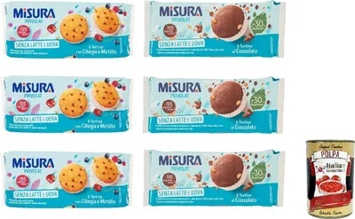 Produktbild von Testpaket Misura Tortine con Ciliegia e Mirtillo und Cioccolata Privolat Törtchen mit Kirsche und Heidelbeere ohne Milch und Eier 6x 290g + Italian Gourmet polpa 400g