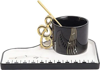 Produktbild von Keramische Kaffeebecher mit Notizgriff, schwarz, für Musikliebhaber