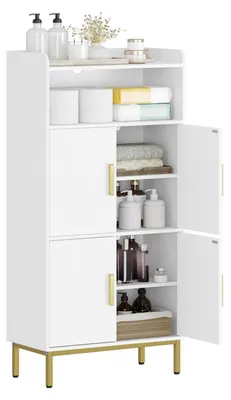 Image de Armoire de salle de bain avec 4 portes et une étagère ouverte, dimensions 30 x 60 x 120 cm, couleur blanc et or