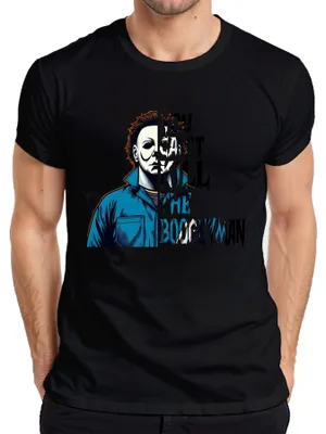 Productafbeelding van Boogeyman Halloween spreuk, moord, horror, slasher, masker, retro, heren T-shirt, zwart, maat S