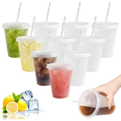 Plastikbecher mit Deckel & Strohhalm, 10 Stück, 475 ml, wiederverwendbar