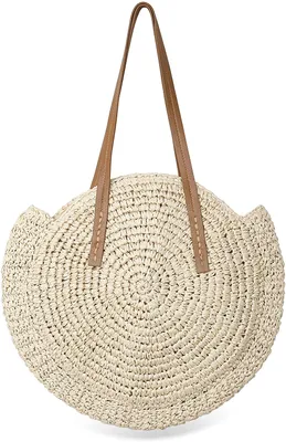 Produktbild von Damen Gewebte Tasche Rund-Strandtasche Stroh Sommer Umhängetaschen Handgemachte Schultertaschen mit Reißverschluss Groß Khaki